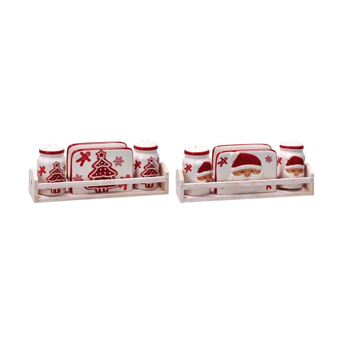 Menage in ceramica portatovaglioli sale e pepe con cestino in legno 25x7x h8,5 cm