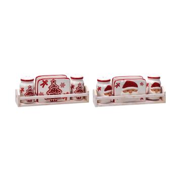 Menage in ceramica portatovaglioli sale e pepe con cestino in legno 25x7x h8,5 cm