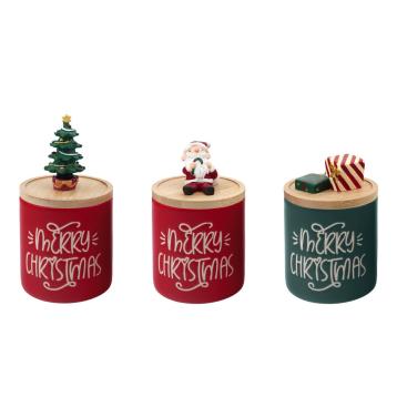 Barattolo natalizio in ceramica con coperchio in bamboo e resina d9 x h14,5 cm
