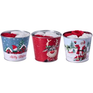 Set 5 salviette in cotone con cestino natalizio in ferro