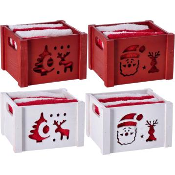 Set 4 salviette in cotone con cestino natalizio in legno