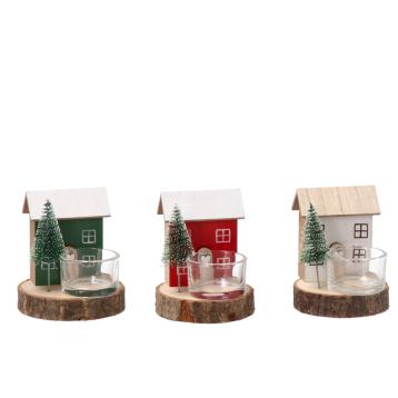 Decorazione natalizia in mdf modello casetta con porta tea light in vetro d8,5 x h11 cm