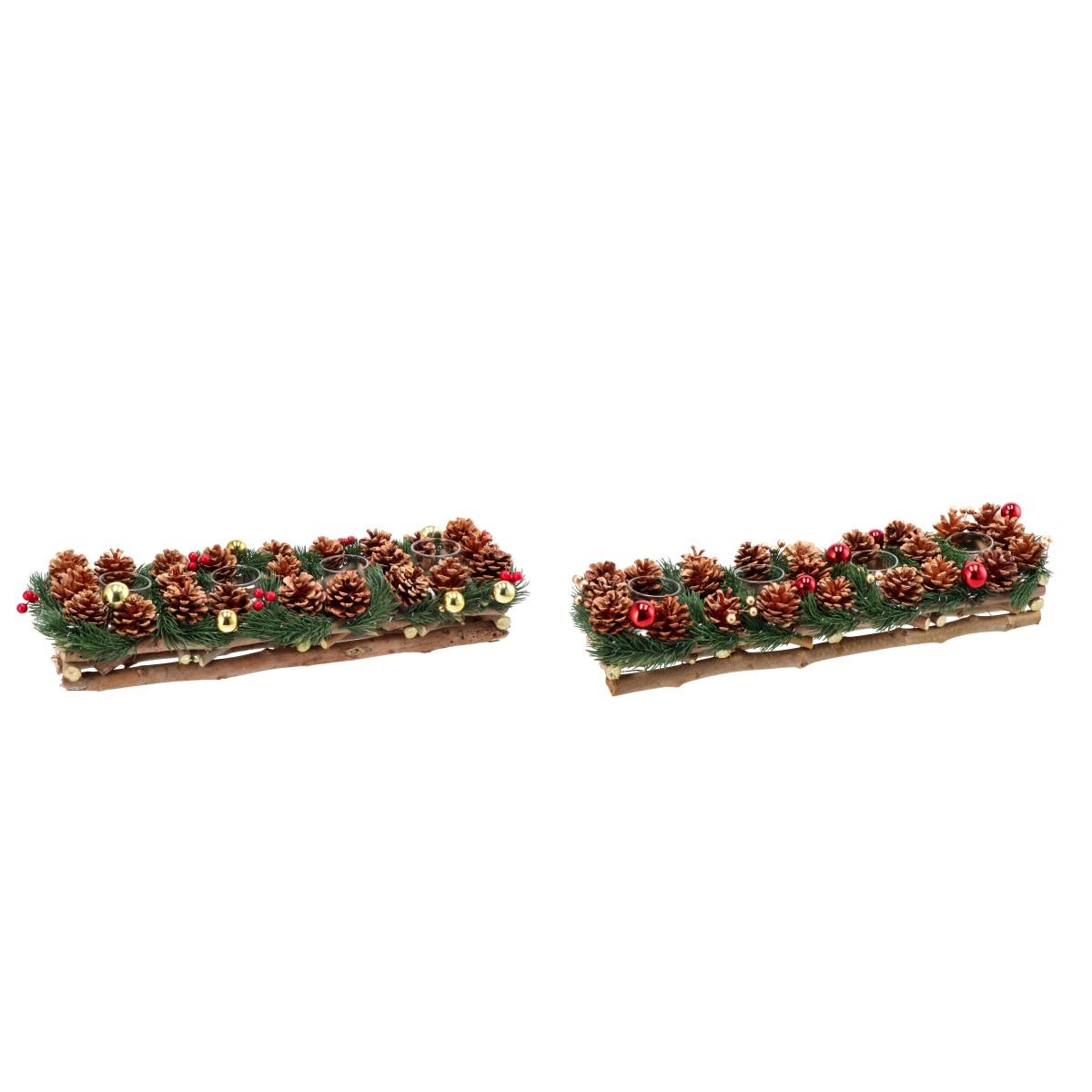 Porta tea light natalizio in legno con vasetti in vetro per 4 tea light 54x18x h9,5 cm