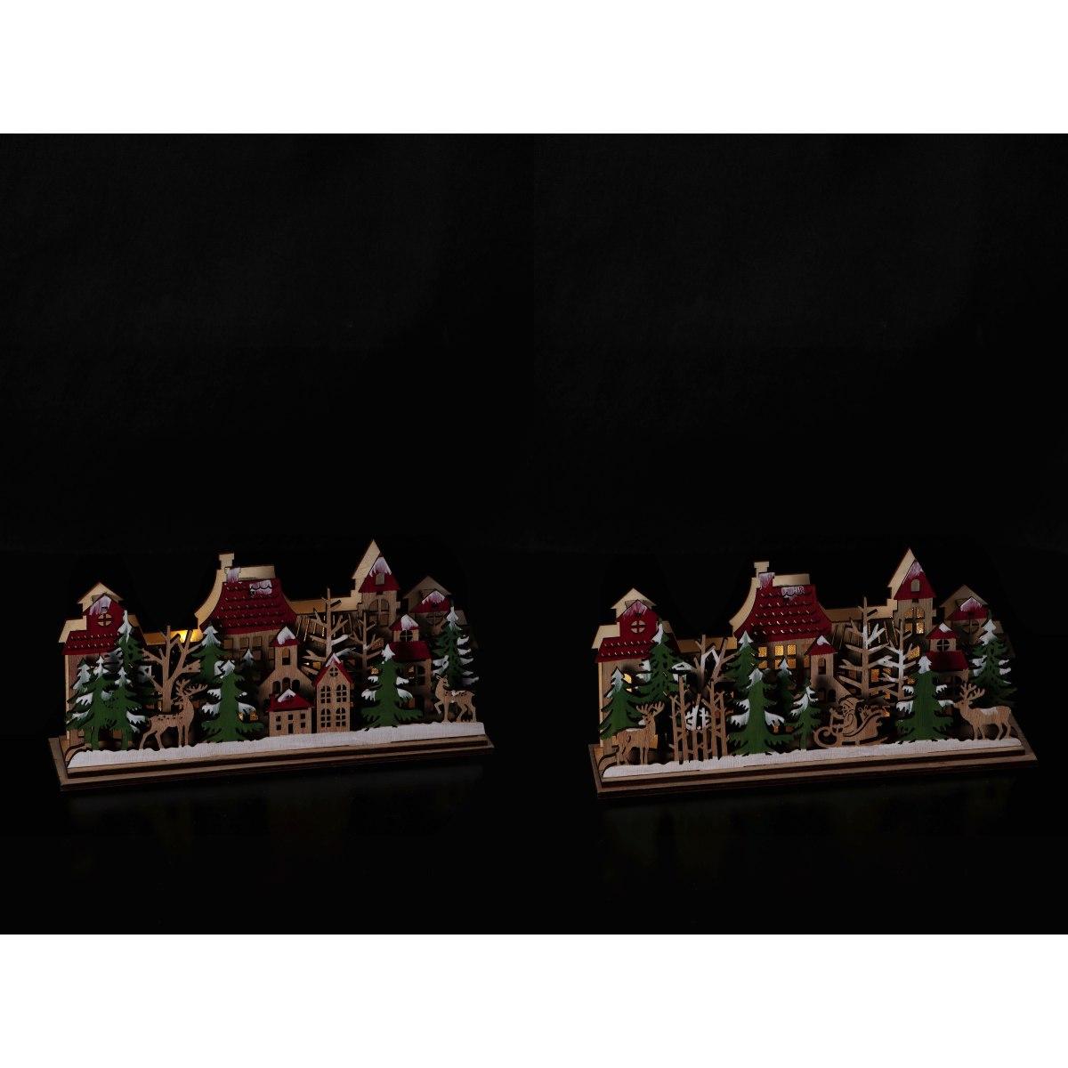 Decorazione natalizia in mdf modello paesaggio con 8 LED funzionamento a pila 2AAA 30x7,5x h13 cm