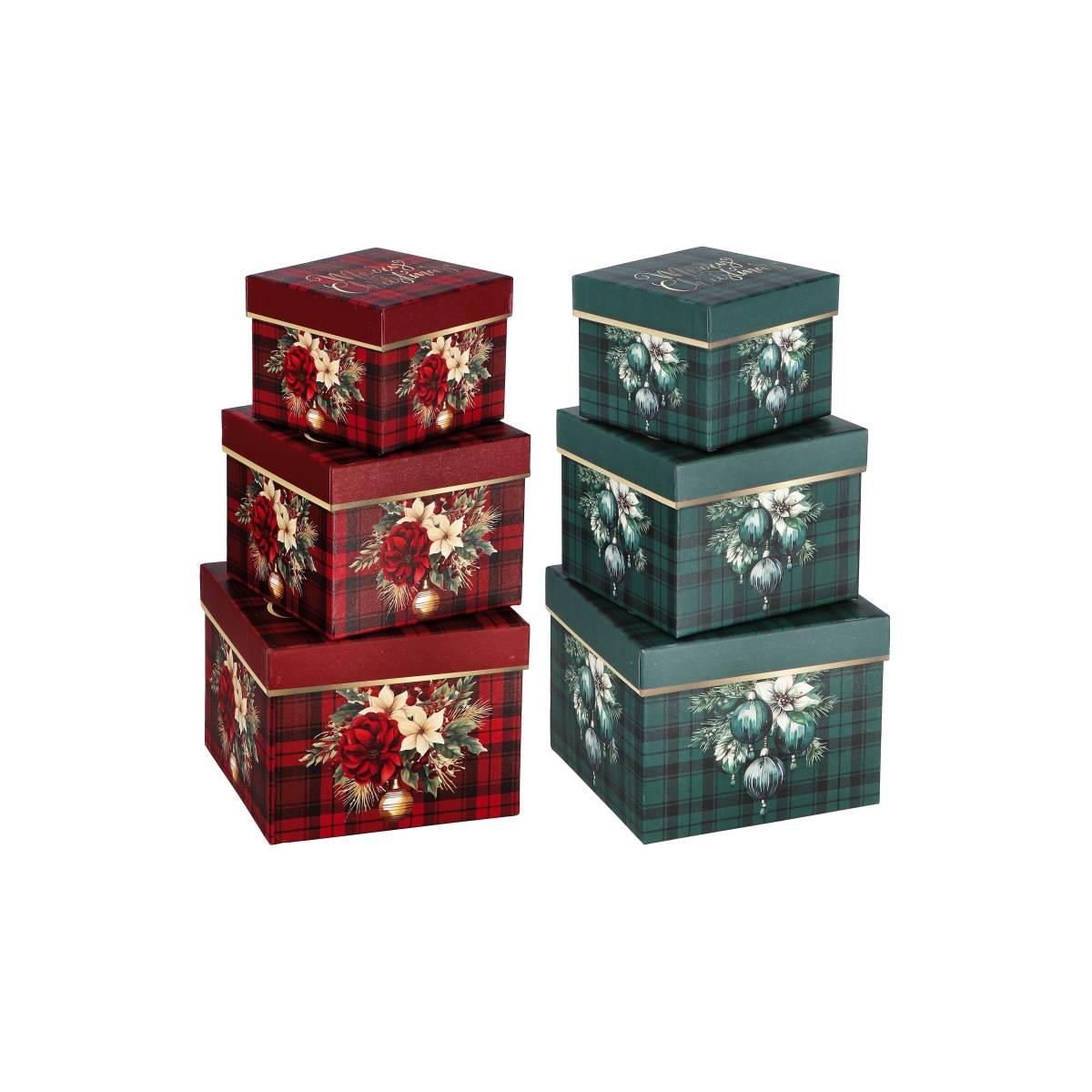 Set 3 scatole natalizie quadrate in cartone stampato 11,5x11,5x h9 cm / 14x14x h11 cm / 16,5x16,5x h12,5 cm