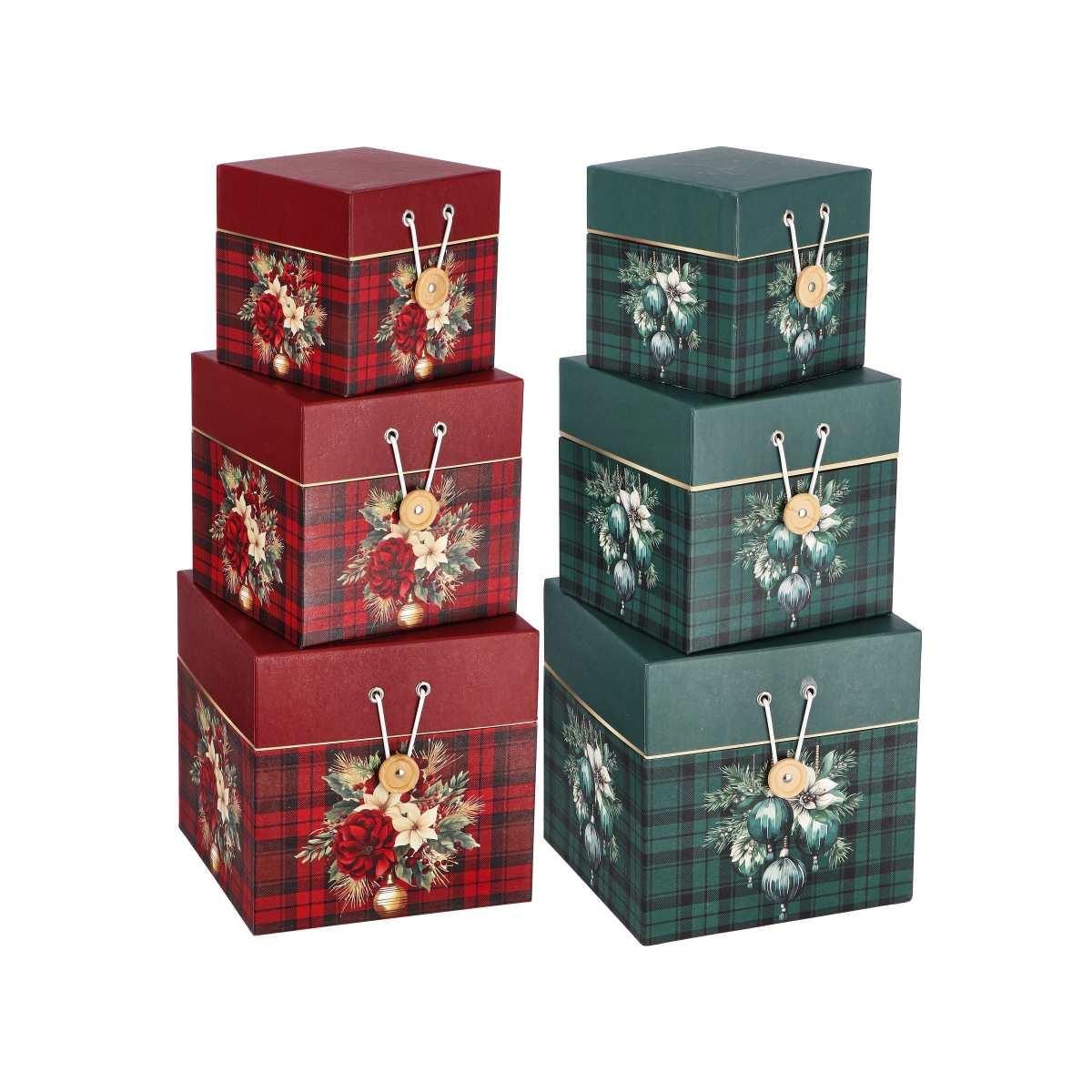 Set 3 scatole natalizie quadrate in cartone 12x12x h12 cm / 15x15x h15 cm / 18x18x h18 cm