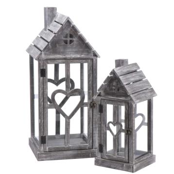 Set 2 lanterne portacandela natalizie in legno grigie