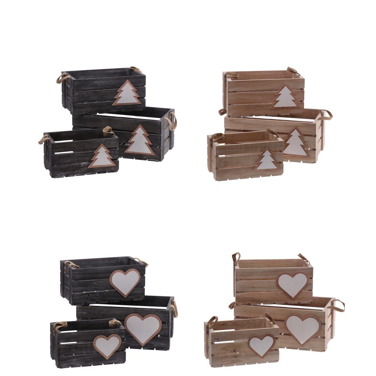 Set 3 cassette natalizie in legno con manici in corda