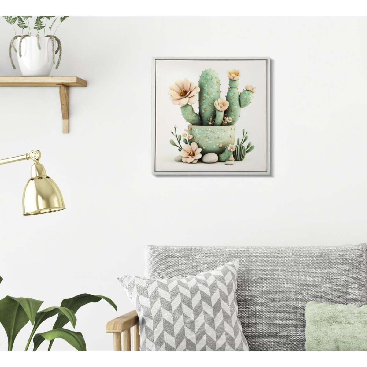 Stampa su tela laccata c/cornice vasetto cactus -d- cm 40x2,8x40
