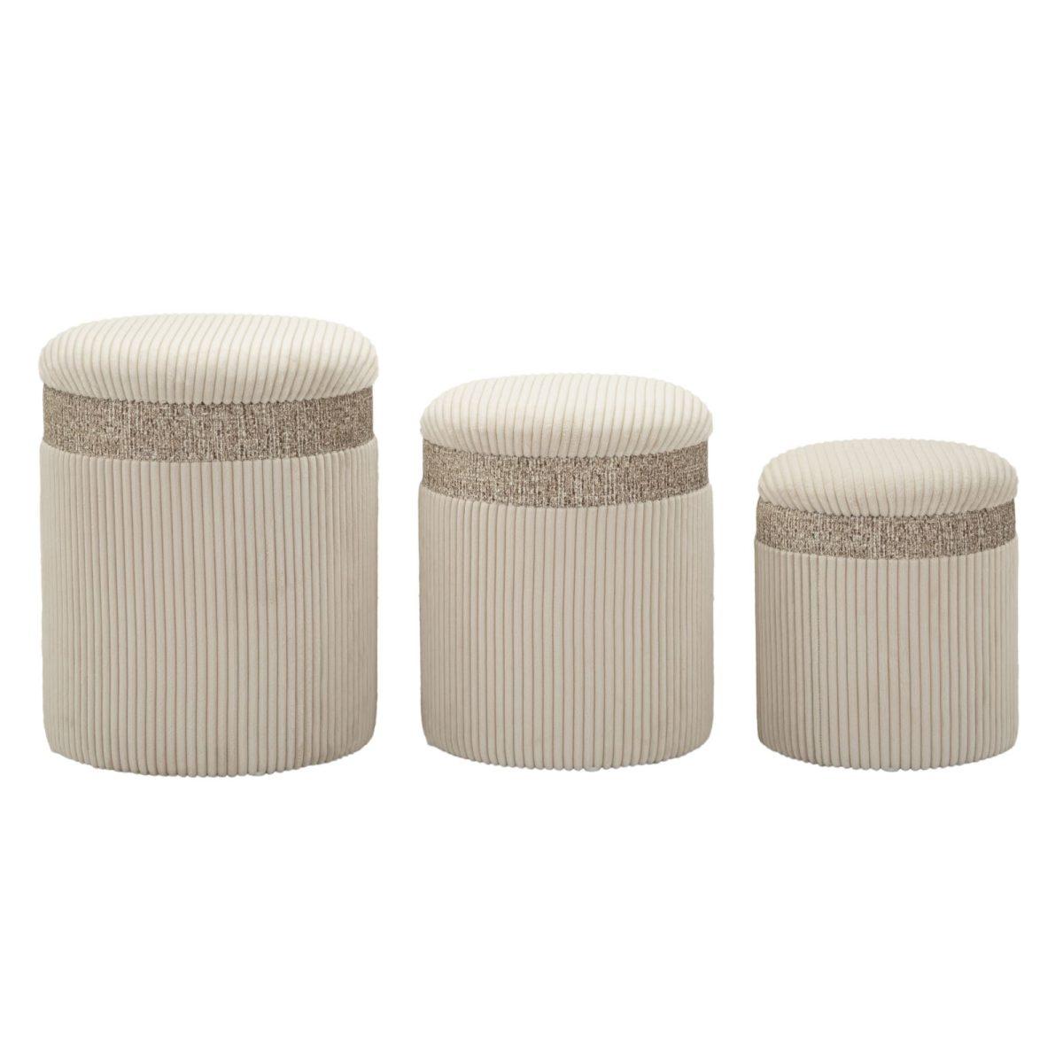 Puff c/contenitore cortina crema set 3 pz cm Ø 40,5x49,5-35x42-31x38<br>