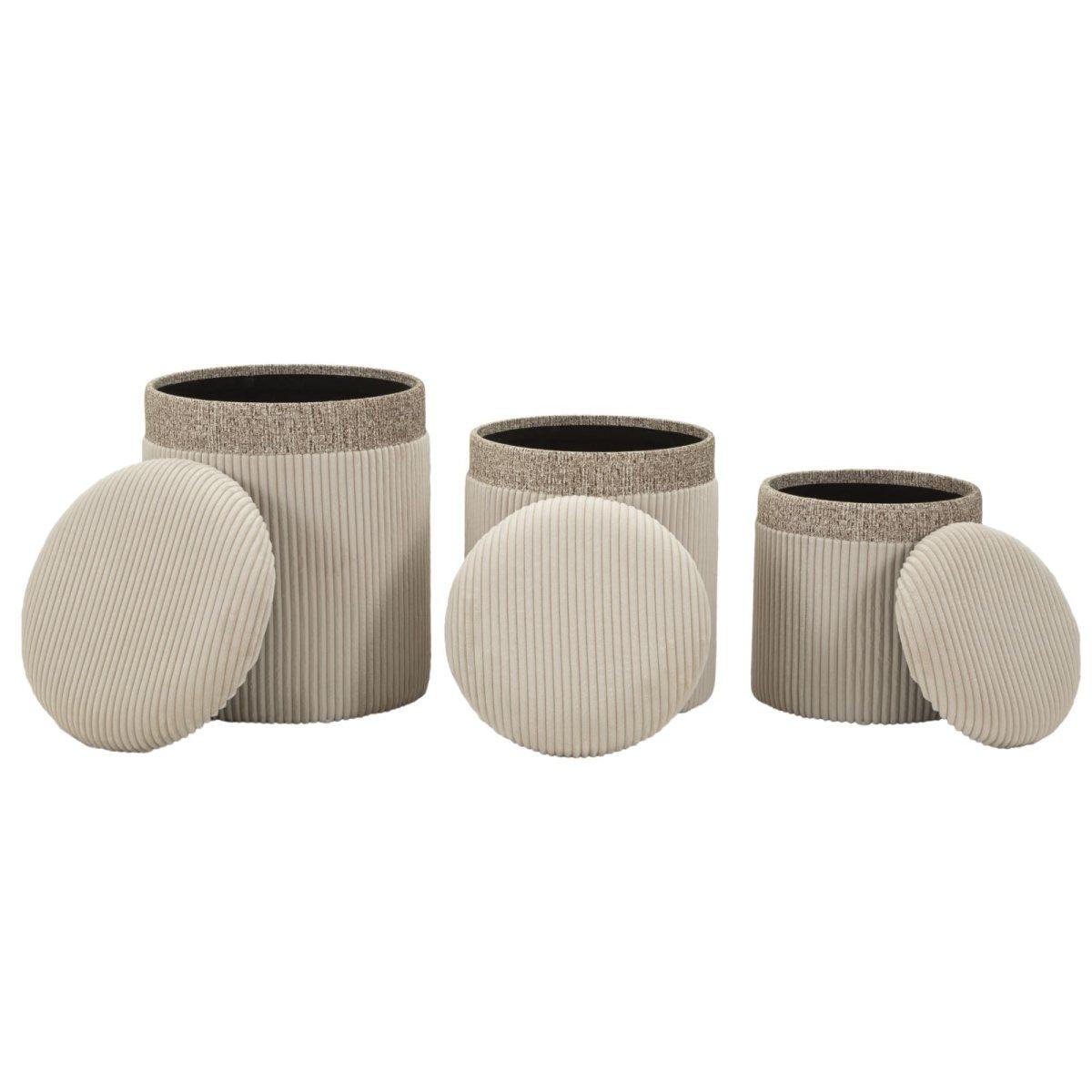 Puff c/contenitore cortina crema set 3 pz cm Ø 40,5x49,5-35x42-31x38<br>