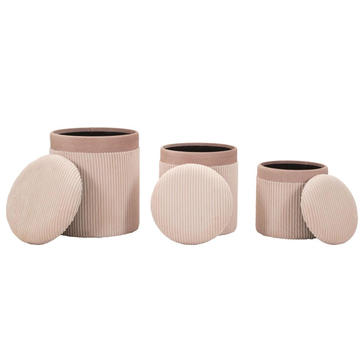 Puff c/contenitore cortina rosa set 3 pz cm Ø 40,5x49,5-35x42-31x38<br>