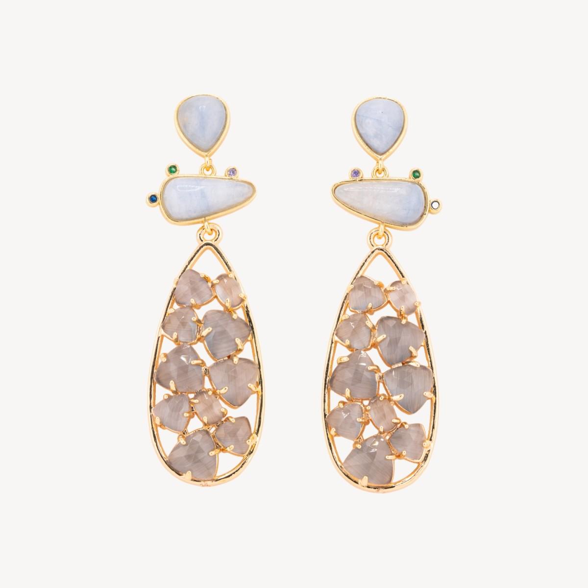 Orecchini in bronzo con pietre dure 21x65,5mm calcedonio e occhio di gatto grigio