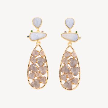 Orecchini in bronzo con pietre dure 21x65,5mm calcedonio e occhio di gatto grigio