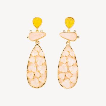 Orecchini in bronzo con pietre dure 21x65,5mm topazio e occhio di gatto rosa