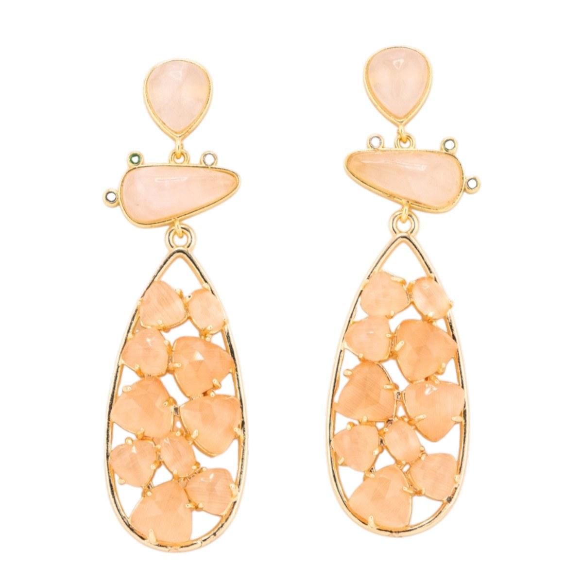 Orecchini in bronzo con pietre dure 21x65,5mm quarzo rosa e occhio di gatto arancione