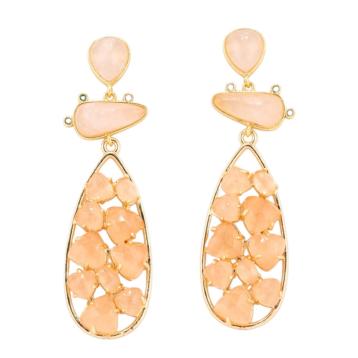 Orecchini in bronzo con pietre dure 21x65,5mm quarzo rosa e occhio di gatto arancione