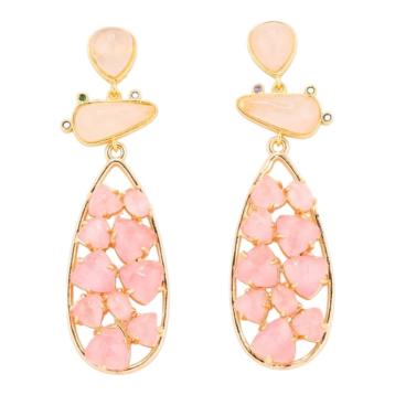 Orecchini in bronzo con pietre dure 21x65,5mm quarzo rosa e occhio di gatto rosa