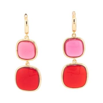 Orecchini di bronzo a perno con occhio di gatto doppio quadratino 22x60mm rosa e rosso trasparenti