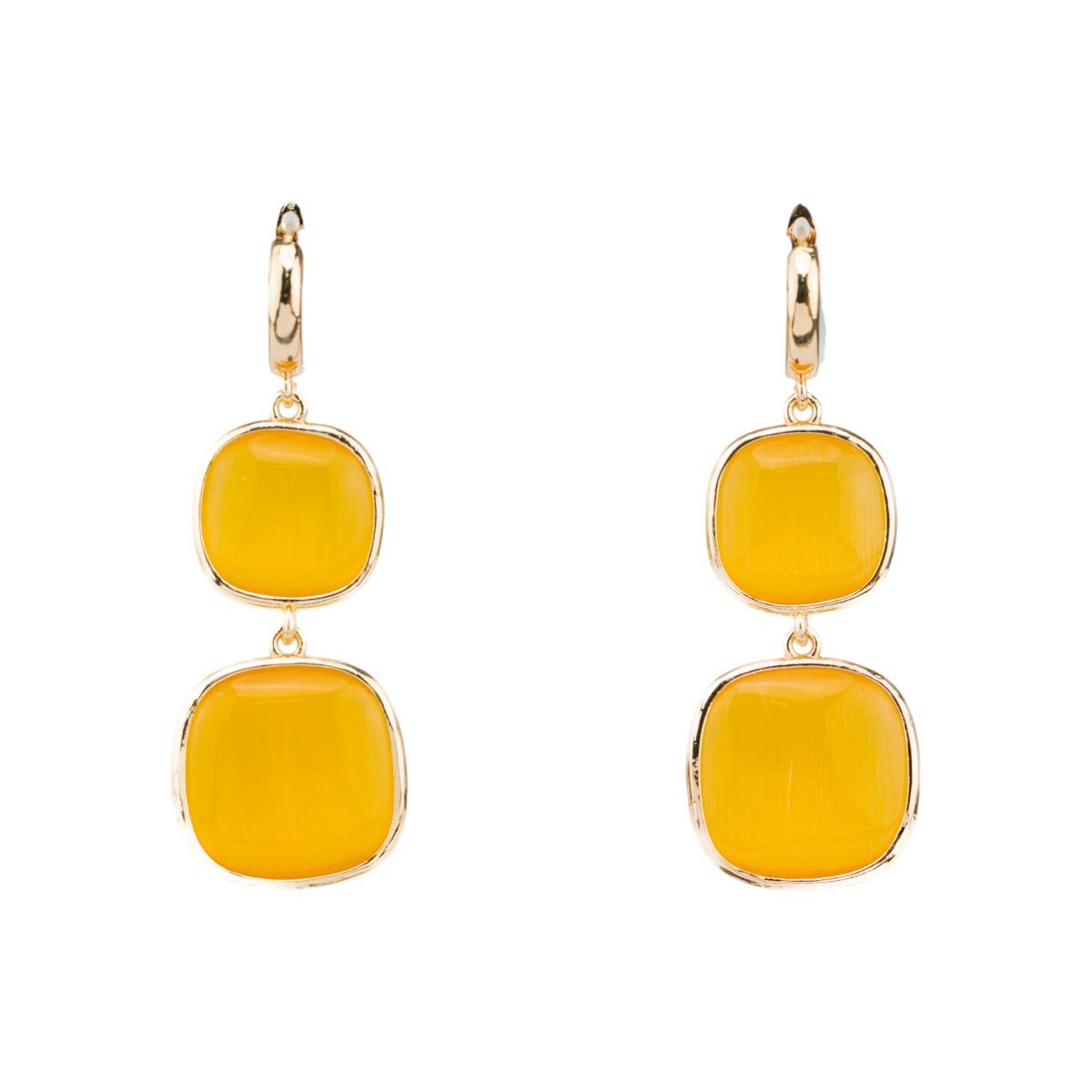 Orecchini di bronzo a perno con occhio di gatto doppio quadratino 22x60mm giallo