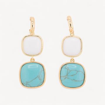 Orecchini di bronzo a perno con occhio di gatto doppio quadratino 22x60mm bianco e turchese