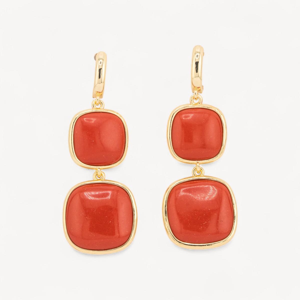 Orecchini di bronzo a perno con occhio di gatto doppio quadratino 22x60mm corallo