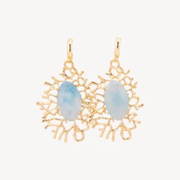 Orecchini a monachella di bronzo con pendente a rametti con cabochon 35x63mm celeste