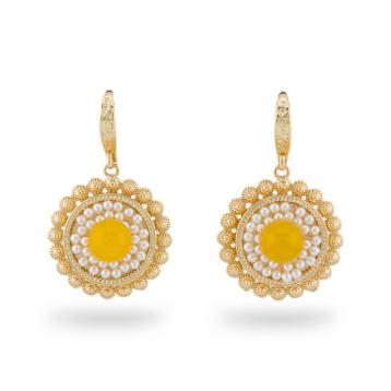 Orecchini a monachella di bronzo con pietre e perline dorato giallo