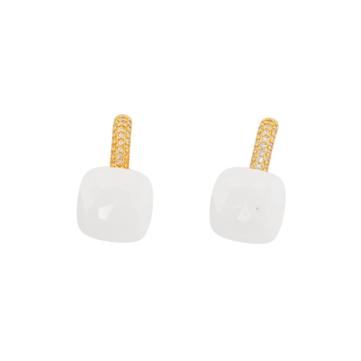 Orecchini a monachella chiusa di bronzo con occhio di gatto taglio cuscino con zirconi 13x26mm dorato bianco agata