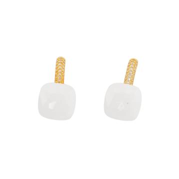 Orecchini a monachella chiusa di bronzo con occhio di gatto taglio cuscino con zirconi 13x26mm dorato bianco agata