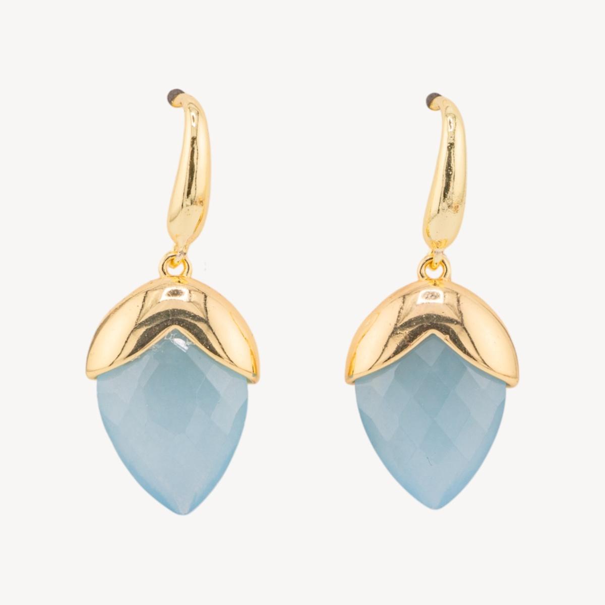 Orecchini a monachella di bronzo con pietre dure sfaccettate forma goccia 18x45mm dorato quarzo celeste chiaro