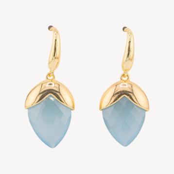 Orecchini a monachella di bronzo con pietre dure sfaccettate forma goccia 18x45mm dorato quarzo celeste chiaro