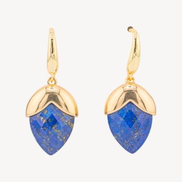 Orecchini a monachella di bronzo con pietre dure sfaccettate forma goccia 18x45mm dorato lapislazzuli