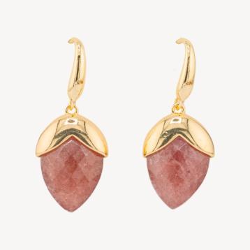 Orecchini a monachella di bronzo con pietre dure sfaccettate forma goccia 18x45mm dorato quarzo fragola