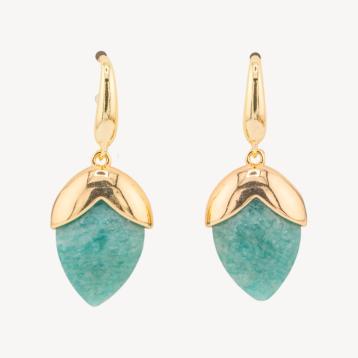 Orecchini a monachella di bronzo con pietre dure sfaccettate forma goccia 18x45mm dorato amazzonite