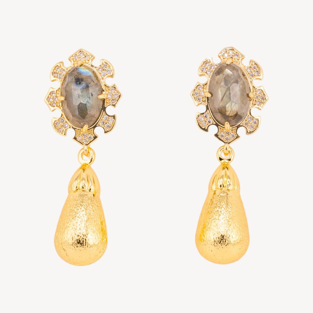 Orecchini bijoux in bronzo con pietre dure incastonate e gocce dorate labradorite