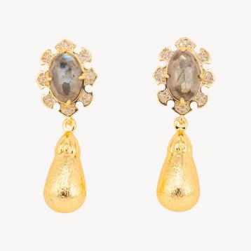 Orecchini bijoux in bronzo con pietre dure incastonate e gocce dorate labradorite