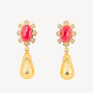 Orecchini bijoux in bronzo con pietre dure incastonate e gocce dorate giada rossa