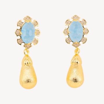 Orecchini bijoux in bronzo con pietre dure incastonate e gocce dorate giada celeste