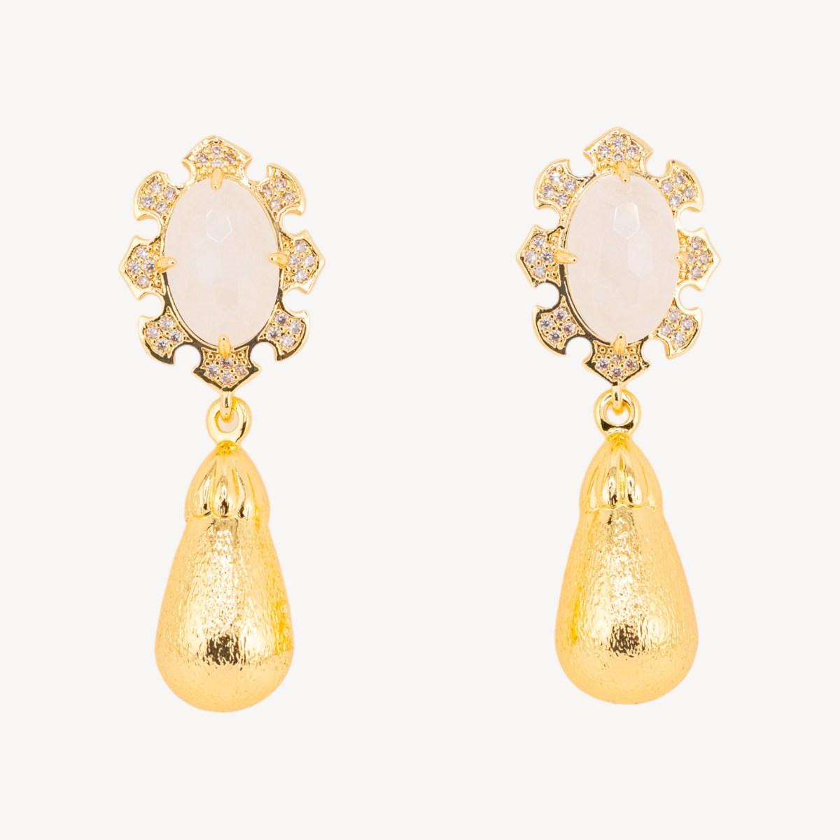 Orecchini bijoux in bronzo con pietre dure incastonate e gocce dorate cristallo di rocca