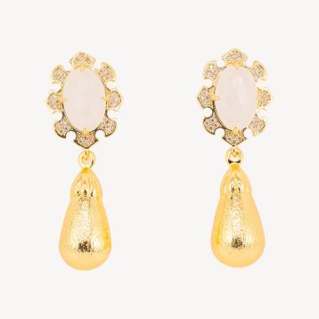 Orecchini bijoux in bronzo con pietre dure incastonate e gocce dorate cristallo di rocca