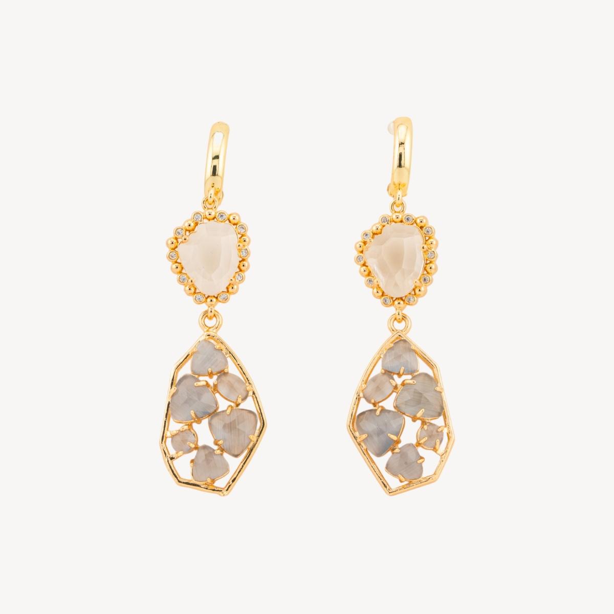 Orecchini a monachella chiusa di bronzo con cristalli cz e occhio di gatto 17x65mm grigio