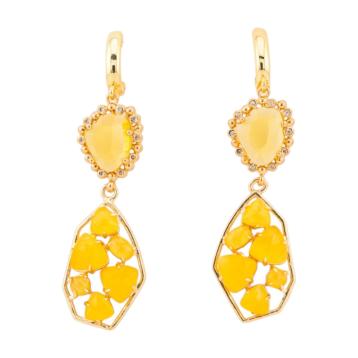 Orecchini a monachella chiusa di bronzo con cristalli cz e occhio di gatto 17x65mm giallo