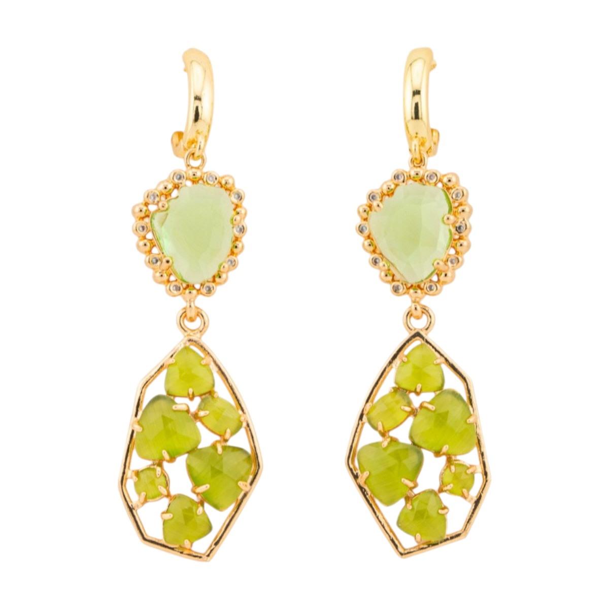 Orecchini a monachella chiusa di bronzo con cristalli cz e occhio di gatto 17x65mm verde chiaro