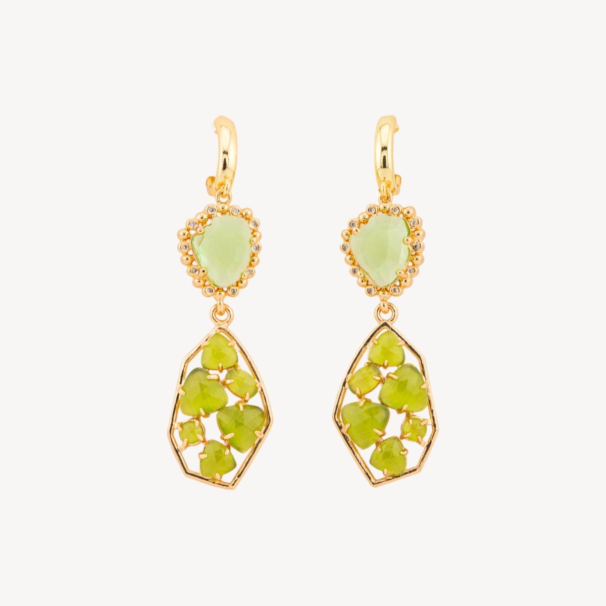 Orecchini a monachella chiusa di bronzo con cristalli cz e occhio di gatto 17x65mm verde chiaro