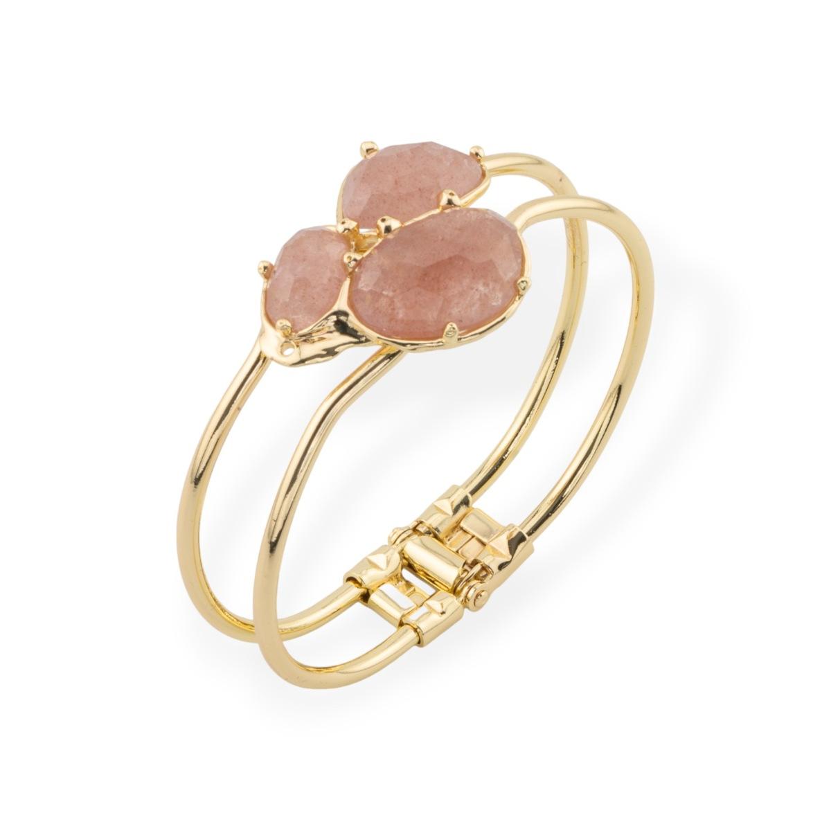 Bracciale di bronzo e centrale di pietre dure incastonate 28x65mm dorato quarzo fragola