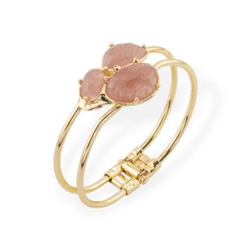 Bracciale di bronzo e centrale di pietre dure incastonate 28x65mm dorato quarzo fragola