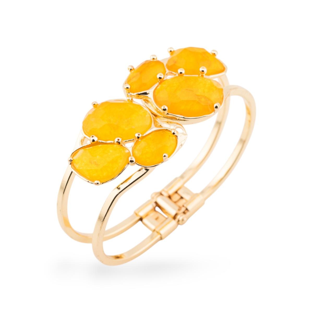 Bracciale di bronzo e centrale di pietre dure incastonate 45x65mm dorato giada gialla