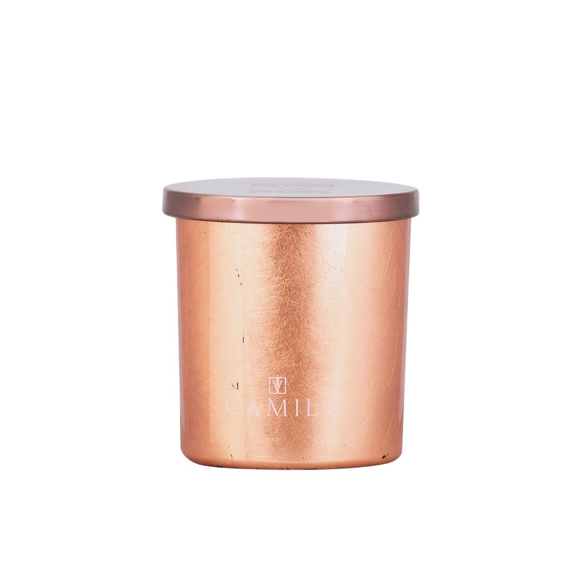 Candela profumata Capri Lux 140 gr. foglia rame e amaretto 7,5x h.8 cm Camila