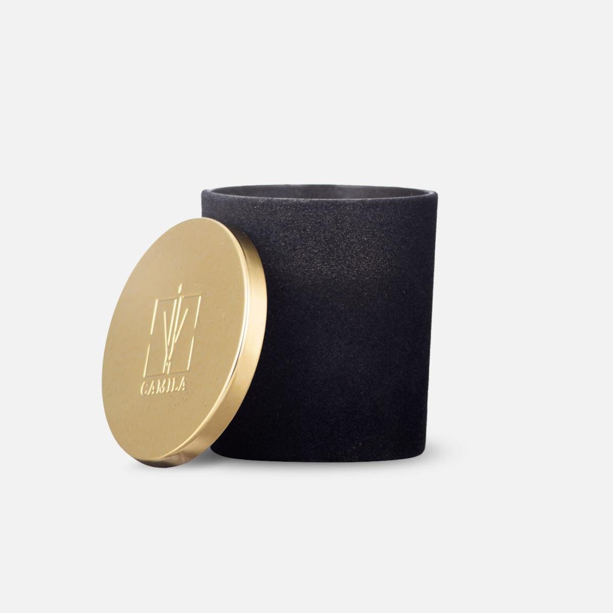 Candela profumata Velluto 140 gr. nero tappo oro uva e vino 7,5x h.8 cm Camila
